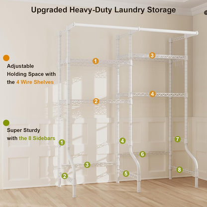 ULIFHOME U14 Over Washer and Dryer Storage Shelves, 4 Tiers Laundry Room Storage and Organizer System, Space Saving Clothes Drying Rack with 2 Clothes Hanger Rods, 66.5" W x 20.5" D x 77.4" H, Black