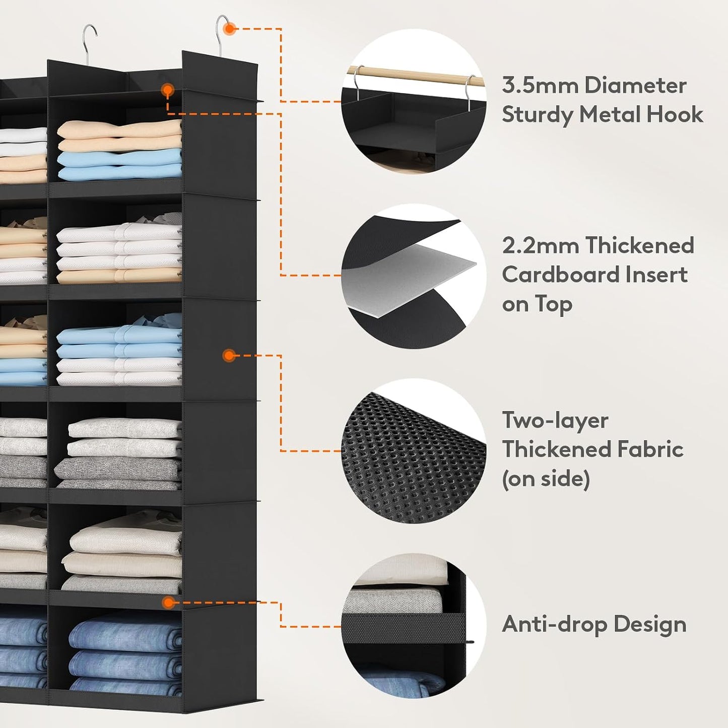 Lifewit Dual-Row Shelf Hanging Closet Organizer and Storage, Clothes Shelves with 3 Sturdy Hooks for Clothing Organization, Foldable Container Hold Up to 24 Sweaters, 4 Tier 8 Sections, Gray