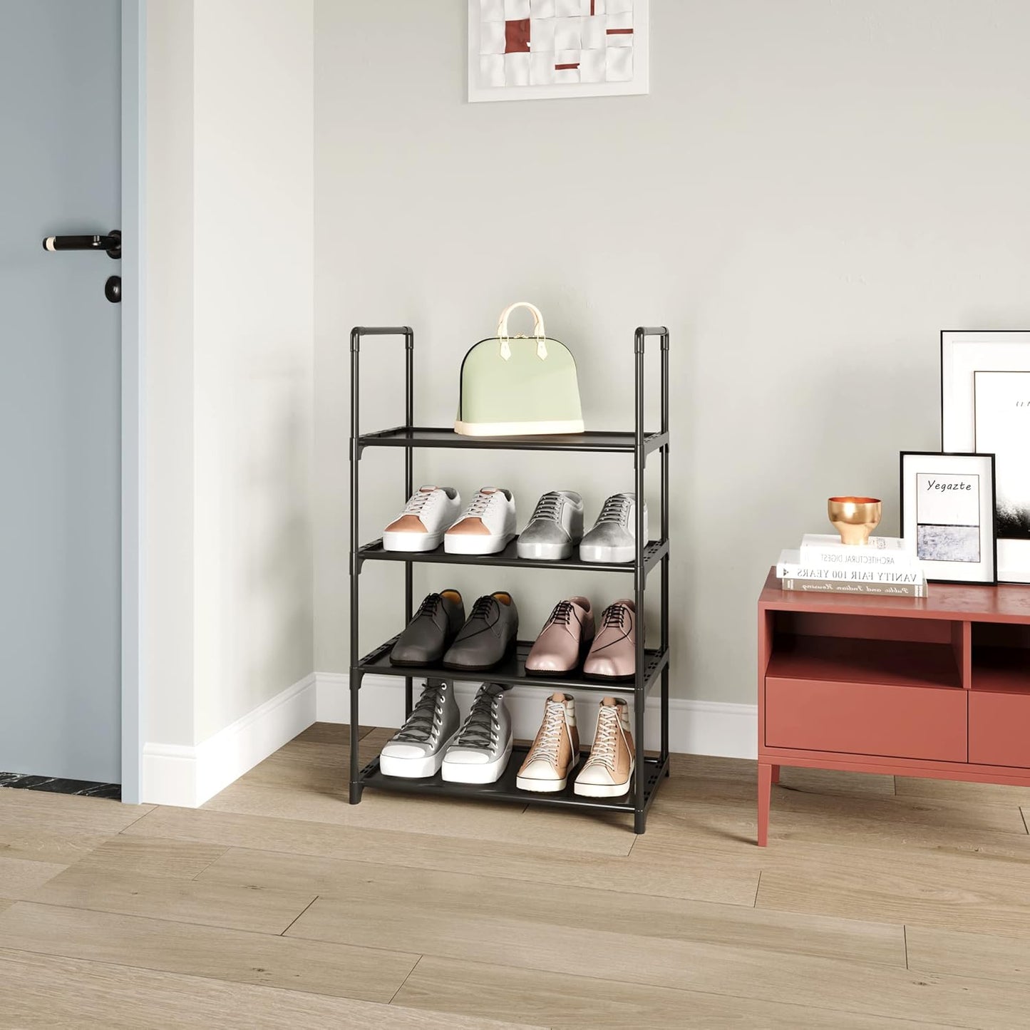 Upgrade Stackable Small Shoe Rack, 4-Tier Shoe Shelf Storage Organizer with Handle for Entryway, Hallway and Closet (Black)
