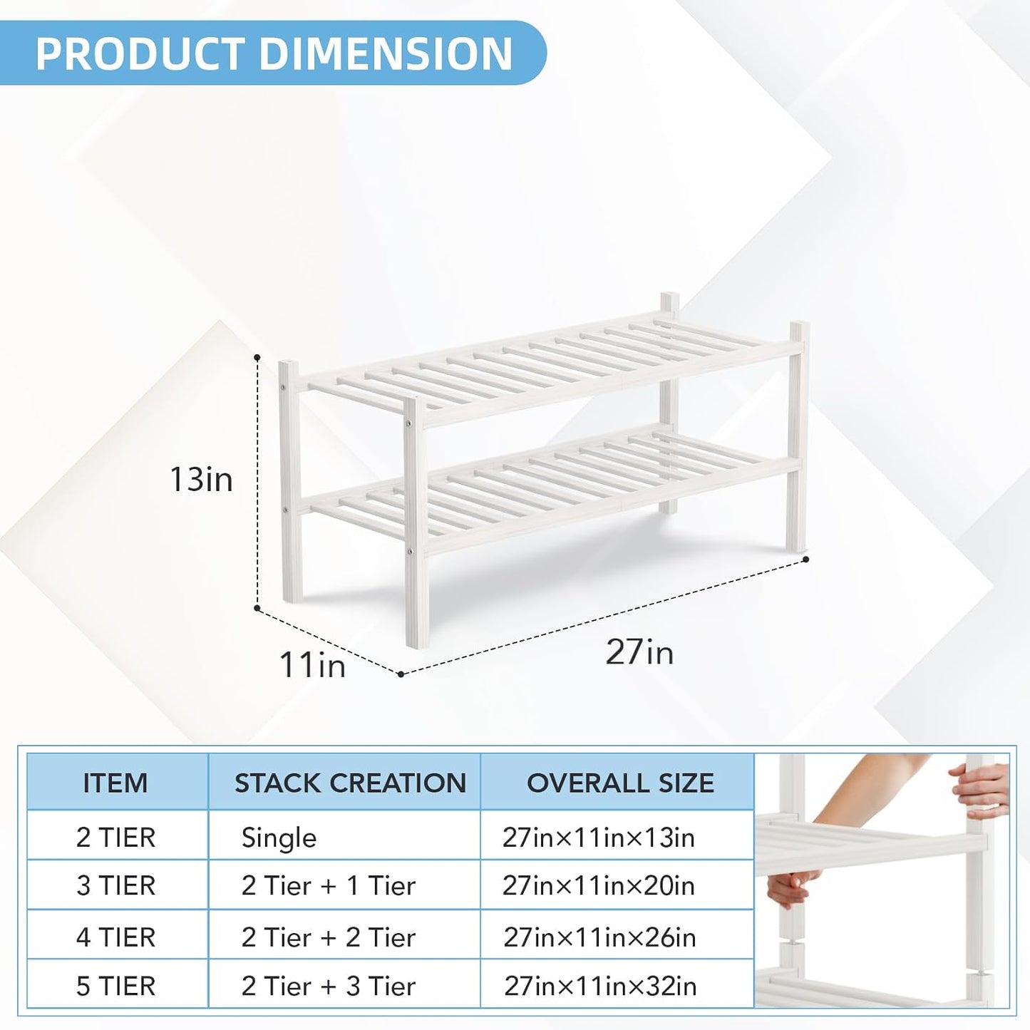 4 Tier Bamboo Shoe Rack Storage Organizer for Closet, Multifunctional Stackable Free Standing Shoe Shelf Organizer for Small Space,Entryway, Hallway, Bathroom27 x11 x26(White, 4 Tier)