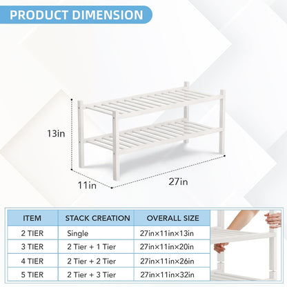 4 Tier Bamboo Shoe Rack Storage Organizer for Closet, Multifunctional Stackable Free Standing Shoe Shelf Organizer for Small Space,Entryway, Hallway, Bathroom27 x11 x26(White, 4 Tier)