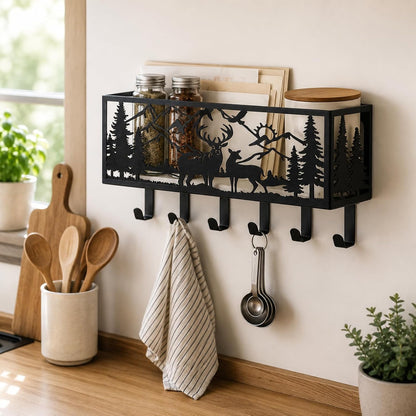 Deer Mountain Metal Key Holder Wall Mount Key Holder for Wall Rustic Cabin Decor Key Rack Hooks Hanger Woodland Wildlife Wall Art Entryway Organizer Housewarming Hunting Gifts