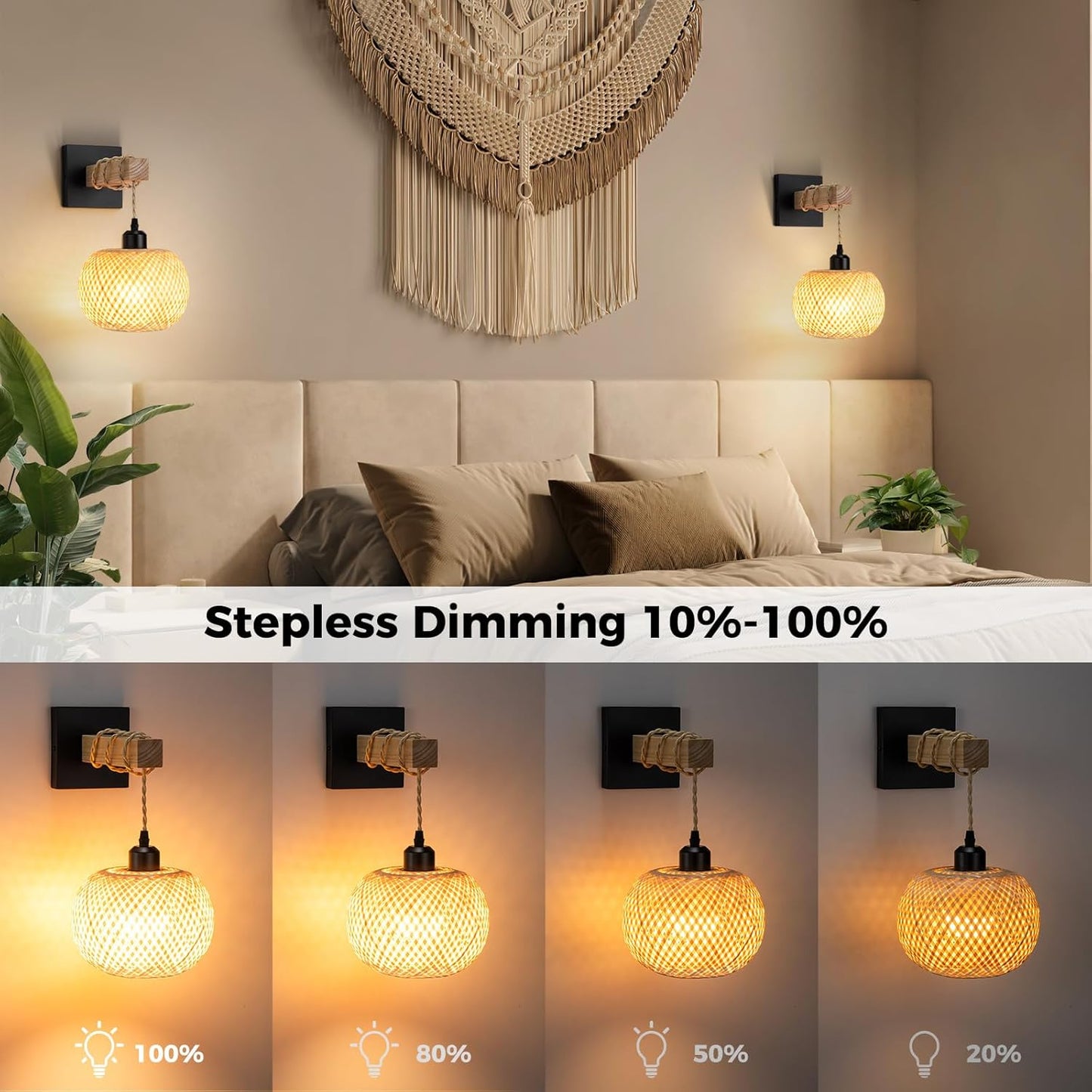 Battery Operated Wall Sconce with Remote Set of 2, Rechargeable Rattan Wall Sconces with 8000mAh Bulbs, Woven Bamboo Wall Light/Lamp Boho Wall Sconce for Bedroom (Black)