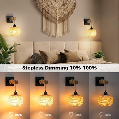 Battery Operated Wall Sconce with Remote Set of 2, Rechargeable Rattan Wall Sconces with 8000mAh Bulbs, Woven Bamboo Wall Light/Lamp Boho Wall Sconce for Bedroom (Black)