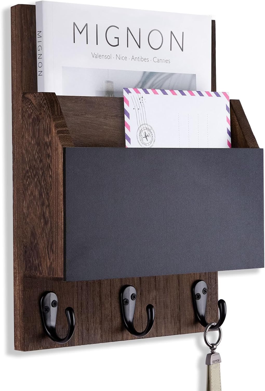 Key and Mail Holder for Wall Mount, Entryway Mail Holder with 2 Slot, Key Holder with 3 Sturdy Hooks for Coat, Dog Leash, Decorative Key Rack (8.86”W x 11.42”H x 3”D) (Black)