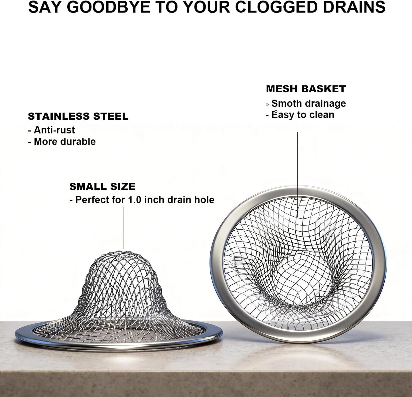 Huntonry 1.0" Small Drain Strainer, Sink Drain Hair Catcher, Bathroom Sink Drain Strainer, 2PCS Drain Mesh Baskets for Laundry, Mop Pool, Utility, Slop, RV Sink, Stainless Steel Drain Filter