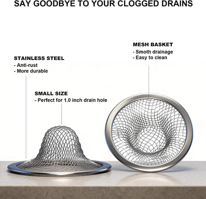 Huntonry 1.0" Small Drain Strainer, Sink Drain Hair Catcher, Bathroom Sink Drain Strainer, 2PCS Drain Mesh Baskets for Laundry, Mop Pool, Utility, Slop, RV Sink, Stainless Steel Drain Filter