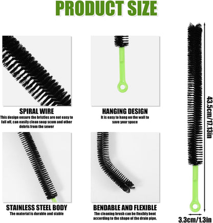 2pcs Sink Drain Brush, Bathroom Hair Clog Cleaner Nylon Stainless Steel Long Pipe Cleaners Dryer Lint Vent 17in Flexible Long Cleaning Brush for Toilet Floor Drain Kitchen Sewer Drain