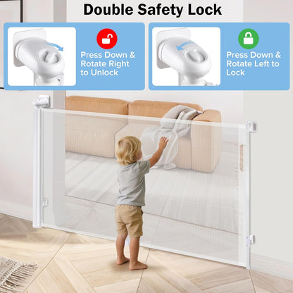 Retractable Baby Safety Gate, 33.8" Tall Extends to 55" Wide, Dual Lock, Adjustable Mounting, Extendable Pet Gate for Hallways, Stairs, Indoor & Outdoor（White）