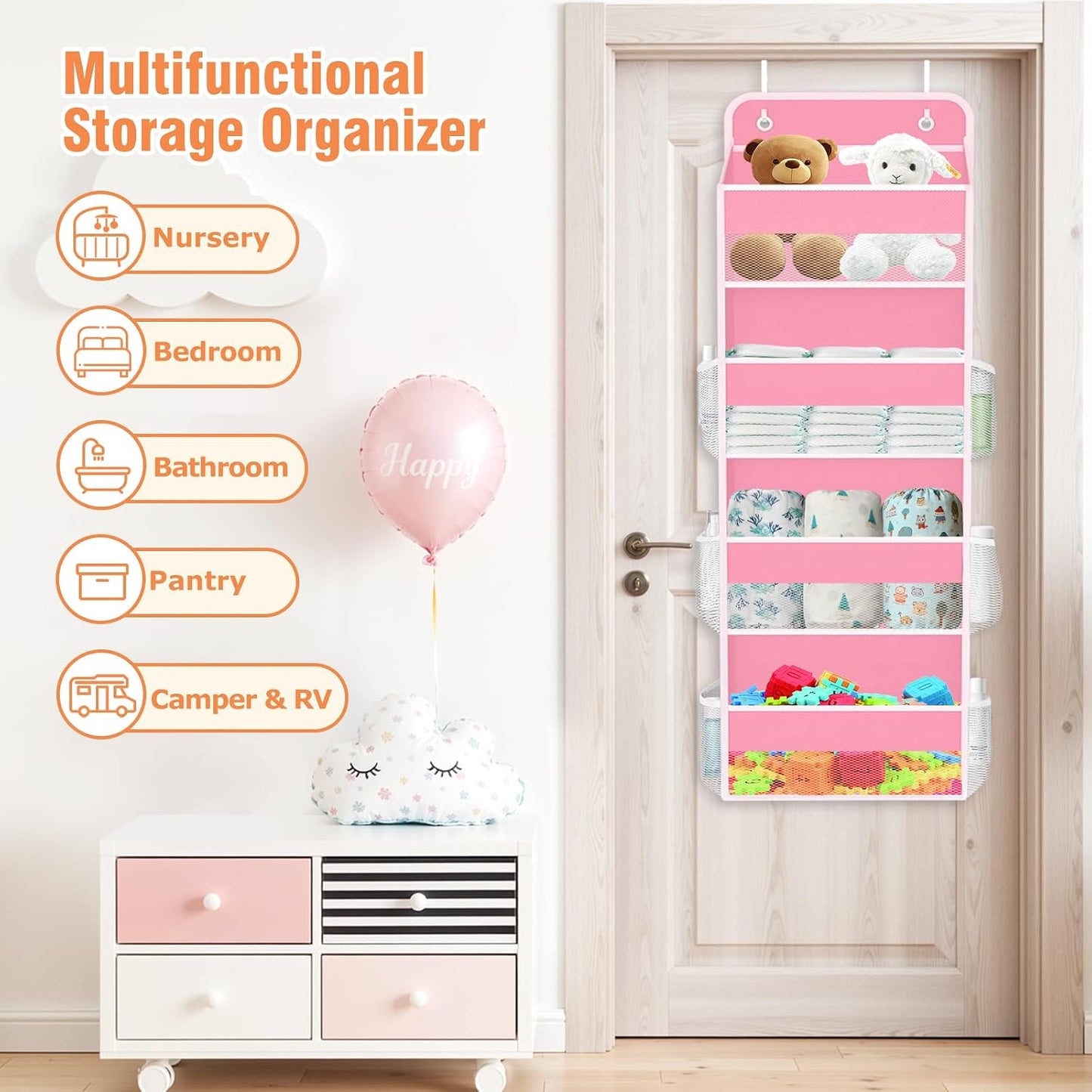 WISELIFE Over The Door Organizer Storage 4 Shelves Large Capacity Hanging Bedroom Storage Solution with 6 Side Pockets for Dorm Bathroom Pantry Nursery and Baby Essentials Holds up to 40 Lbs (Black)