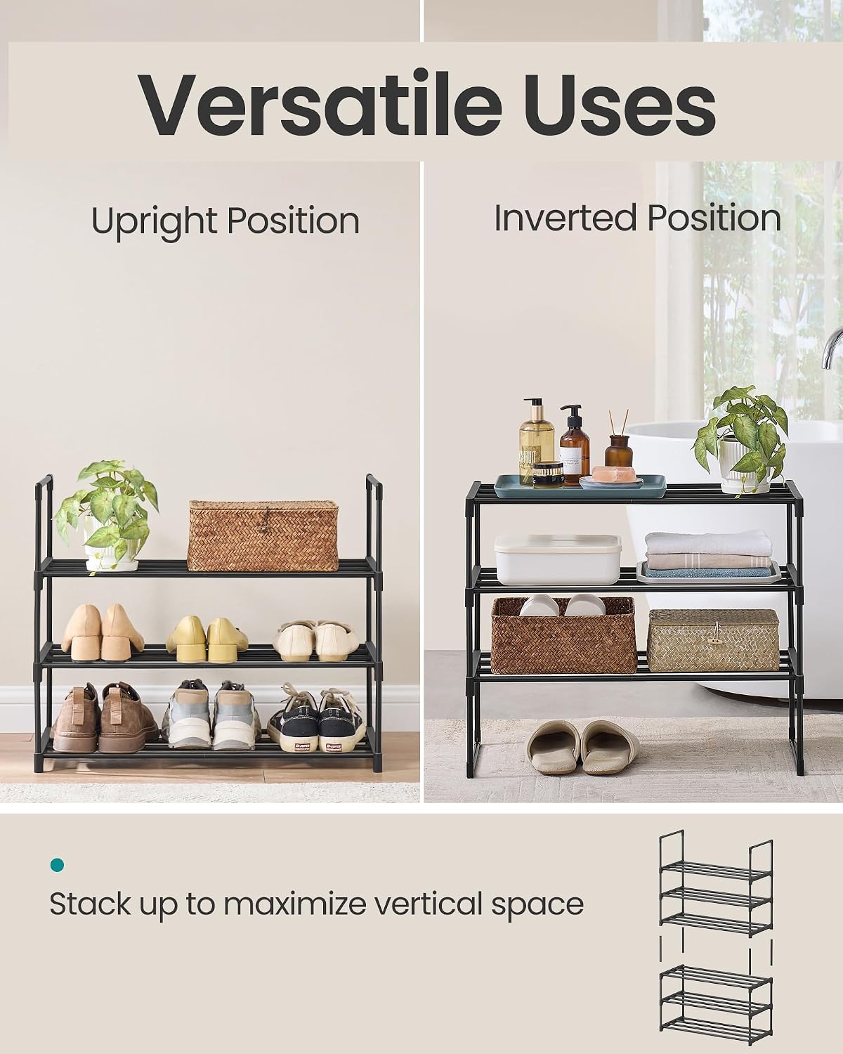 SONGMICS Shoe Rack, 6-Tier Shoe Organizer, Metal Storage Shelf, Upright or Upside Down, for 24-30 Pairs, Stackable, for Entryway, 11.8 x 36.2 x 42.7 Inches, Black ULSA306BH01
