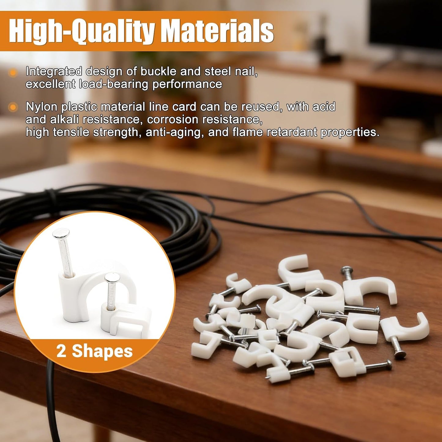 mankk 630PCS Steel Nail Cable Clips 4/5/6/8/10mm Round & 5/6mm Square | cable tacks for CAT6 RJ45 RG6 RG59 ethernet coax cords, white wall mounting clips