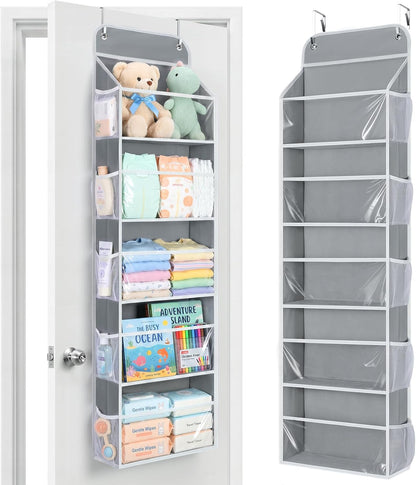 Yecaye 5-Tier Over the Door Organizer Hanging, Toy Stuffed Animal Storage, Behind the Door Storage with 5 Clear View Windows & 10 Side Pockets, Over the Door Storage for Bathroom Closet Nursery, Grey