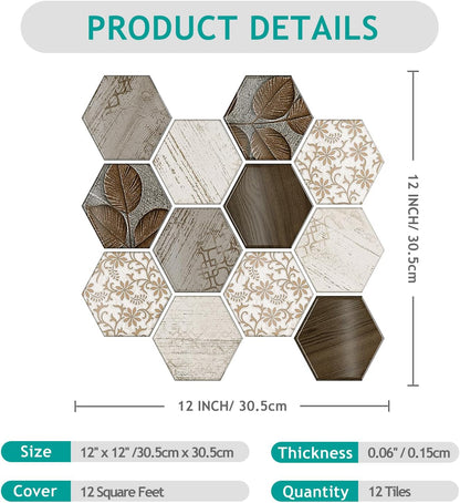 VEELIKE Boho Hexagon Peel and Stick Backsplash Tile Decals 6-Sheets Adhesive Waterproof Stick on Backsplash for Kitchen Bathroom 12''x12'' Temporary Wall Tile Stickers for Renters Laundry Fireplace