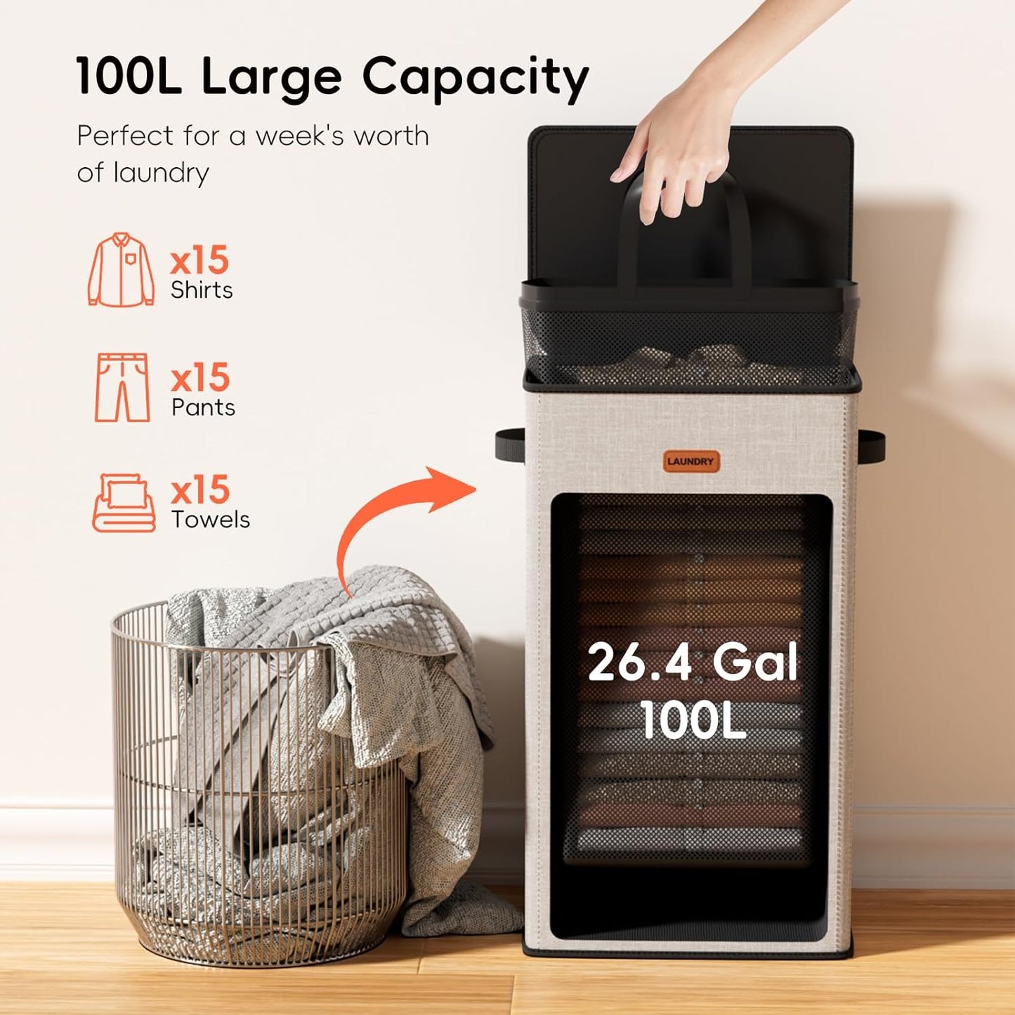 185L Laundry Hamper 3 Section, Laundry Hamper with Lid, Dirty Clothes Hamper with 3 Removable Washing Bags, Extra Large Laundry Basket Organizer for Bedroom, Laundry Room, Dorm - Black