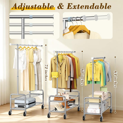 Upgraded 100% Stainless Steel Clothing Rack Load 760LBS, Heavy Duty Clothes Racks with Larger & Sturdy Wheel, Extendable & Adjustable Rolling Garment with Shelves for Hanging Portable Closet Rack