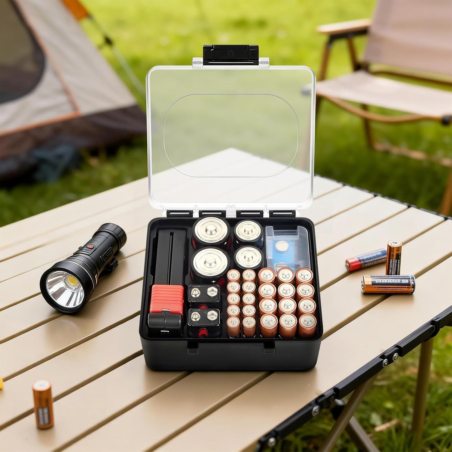 FULLCASE Plastic Battery Organizer with Tester, Battery Storage Case for AA AAA C D 9V Batteries, Portable Battery Holder Box for Home, Travel & Emergency Kits(Case Only) Black