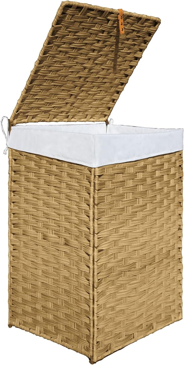 Wicker Laundry Hamper with Lid,34 Gal(130 L) Rattan Laundry Basket 2 Sections with Lid, Removable Machine Washable Line, Large Clothes Hamper with Handles for Bathroom Bedroom, Gray