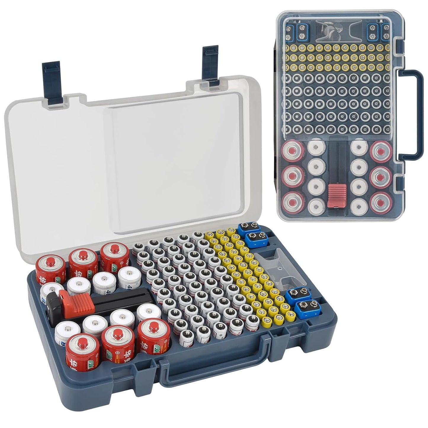 Xuerdon Battery Organizer Storage Case with Tester, 120+ Slots for Home | Hard Plastic for AA AAA C D 9V and Coin Cells, Wall-Mount/Drawer, Home Battery Managemt, Purple, Batteries Not Included