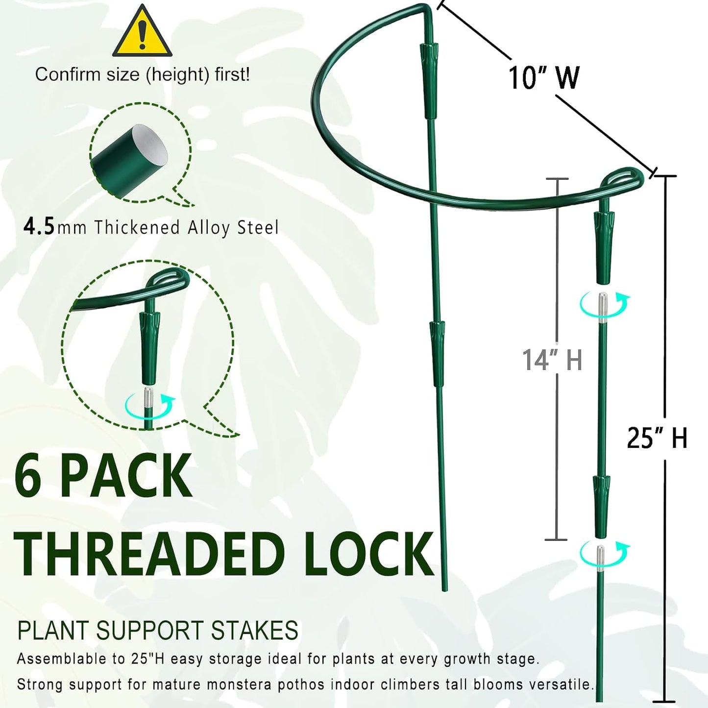 6 Pack Detachable & Assemblable Metal Plant Support Stakes - Garden Support Ring, Tomato Seedling Cage, Young Monstera/Pothos for Growing Indoor/Outdoor (10" W x 16" H)