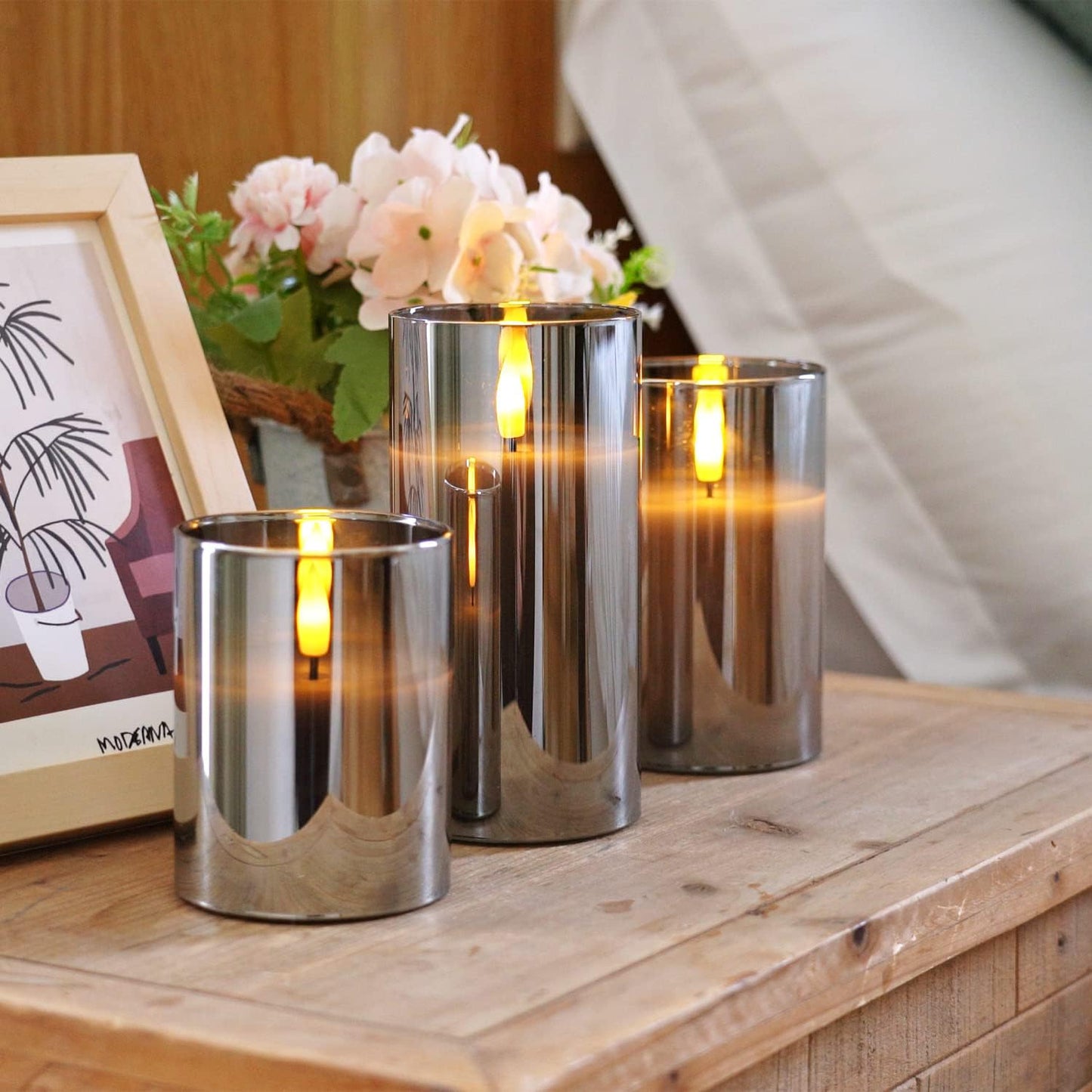 Homemory Green Glass Flameless Candles, Battery Operated LED Pillar Candles with Remote Control and Timer, Radiance Candles, Real Wax, Set of 3,D3 xH4 5" 6"