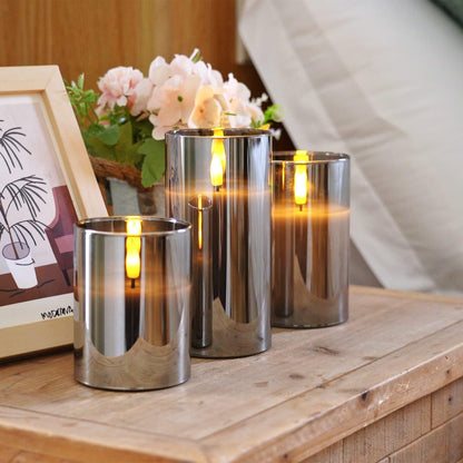 Homemory Green Glass Flameless Candles, Battery Operated LED Pillar Candles with Remote Control and Timer, Radiance Candles, Real Wax, Set of 3,D3 xH4 5" 6"