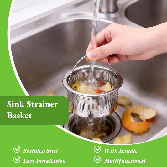 2 Pack Sink Strainer Basket, Stainless Steel Sink Drain with Handle Kitchen Drain Basket 3in Outer Diameter Kitchen Utensils for Restaurant Home
