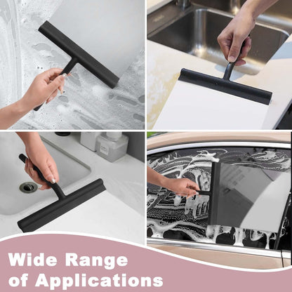 Squeegee for Shower Glass Doors, Resilient Loop - No-Drill & Adhesive Hook, Silicone Shower Squeegee with Stainless Steel Core, Cleaning Tool for Home, Kitchen, Bathroom & Car - Black