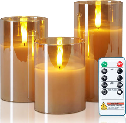 5plots Glass Battery Operated White Flameless Candles with Remote Timer, 3D Wick Real Wax Pillar Led Candles Warm Flickering Light for Indoor Home, Halloween, Christmas Decor, Set of 3, D3 x H4 5" 6"