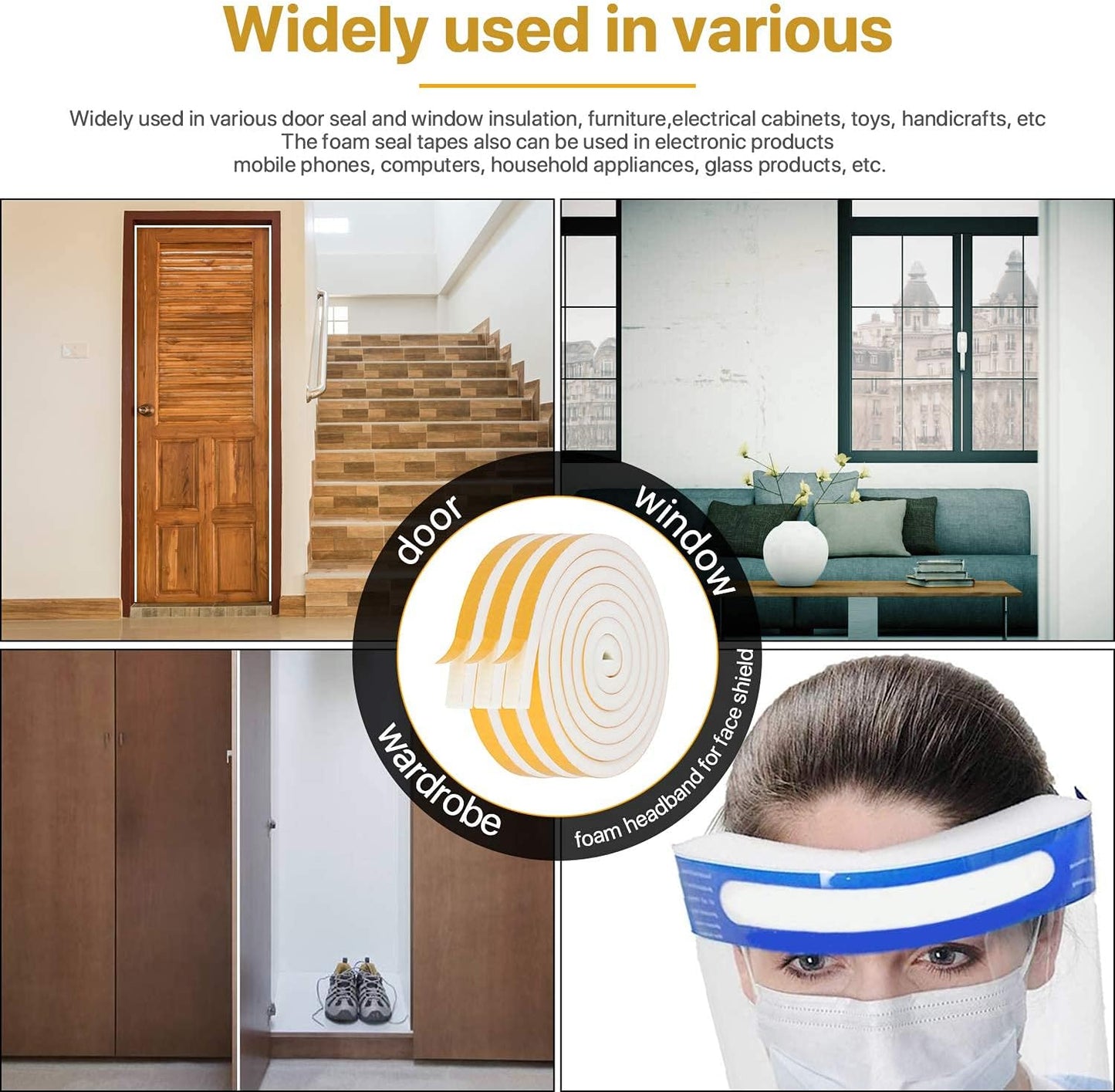 Door Weather Stripping-3 Rolls, 1/2 Inch Wide X 1/2 Inch Thick Total 20 Feet Long, Adhesive Foam Seal Tape for Window Insulation(6.5ft x 3 Rolls)