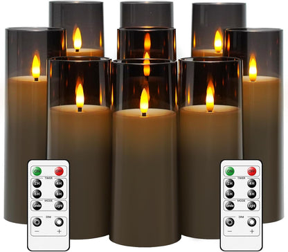 kakoya Flickering Flameless Candles Battery Operated with Remote and 2/4/6/8 H Timer Plexiglass Led Pillar Candles Pack of 9(D2.3 xH5.5 6.5" 7.5") with Realistic 3D Wick Candles for Home Decor(Ivory)