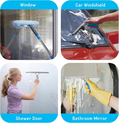 Window Squeegee with Scrubber for Home and Outdoor Glasses Cleaning, 6 Ft Long Handle 2 in 1 Professional Window Washing Kit with Replacement Rubber Blade, Car Windshield Cleaner Tool
