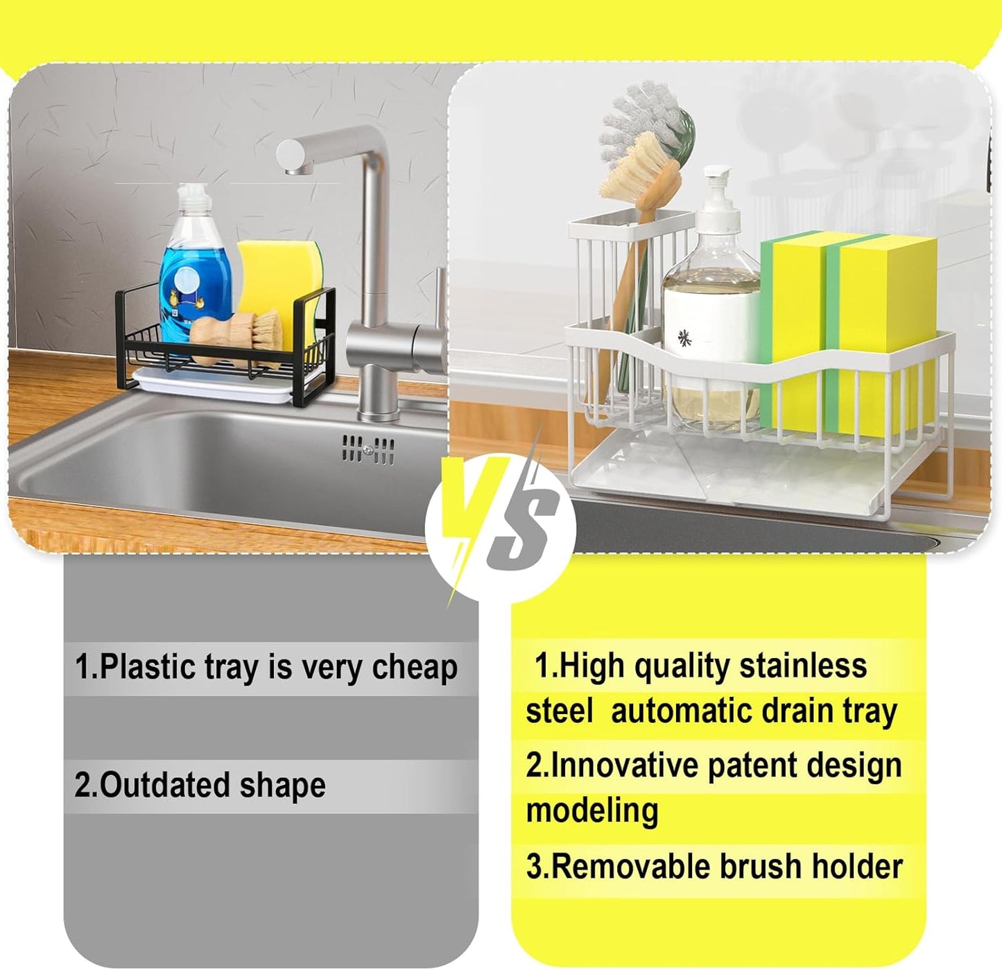 Maifan Sink Caddy Sponge Holder for Kitchen with Brush Holder and Stainless Steel Self Drain Tray, Rustproof Kitchen Sink Organizer for Sponge, Soap Dispenser Storage Accessories (Lacquer Silver)