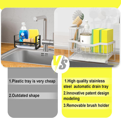 Maifan Sink Caddy Sponge Holder for Kitchen with Brush Holder and Stainless Steel Self Drain Tray, Rustproof Kitchen Sink Organizer for Sponge, Soap Dispenser Storage Accessories (Lacquer Silver)