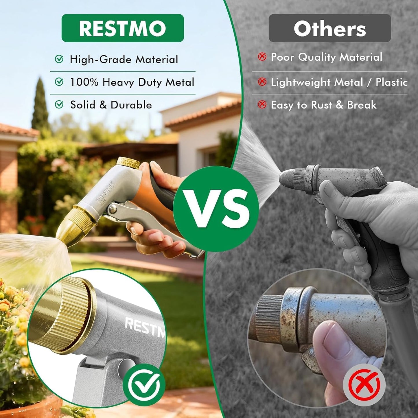 RESTMO Metal Water Hose Nozzle, Heavy Duty Garden Hose Sprayer for Outdoor | Adjustable Brass Spray Head, 4 Watering Patterns, Jet | Mist | Cone | Full, Leak-proof, Ideal for Lawn & Plant & Car, Green