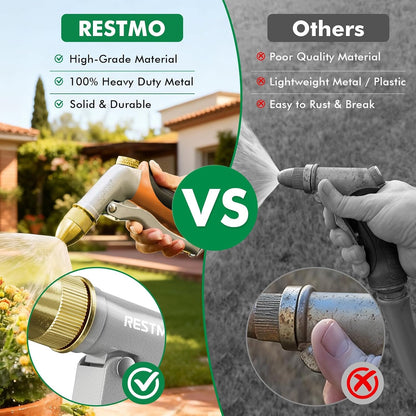 RESTMO Metal Water Hose Nozzle, Heavy Duty Garden Hose Sprayer for Outdoor | Adjustable Brass Spray Head, 4 Watering Patterns, Jet | Mist | Cone | Full, Leak-proof, Ideal for Lawn & Plant & Car, Green