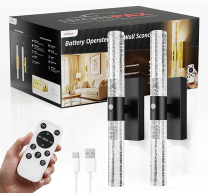 IRONPAX Wall Sconces Battery Operated Set of 2, Wireless Rechargeable Wall Sconce Set of Two, Dimmable Wall Lights with Remote for Bedroom Living Room Hallway Decor (Gold, Fabric Shade)