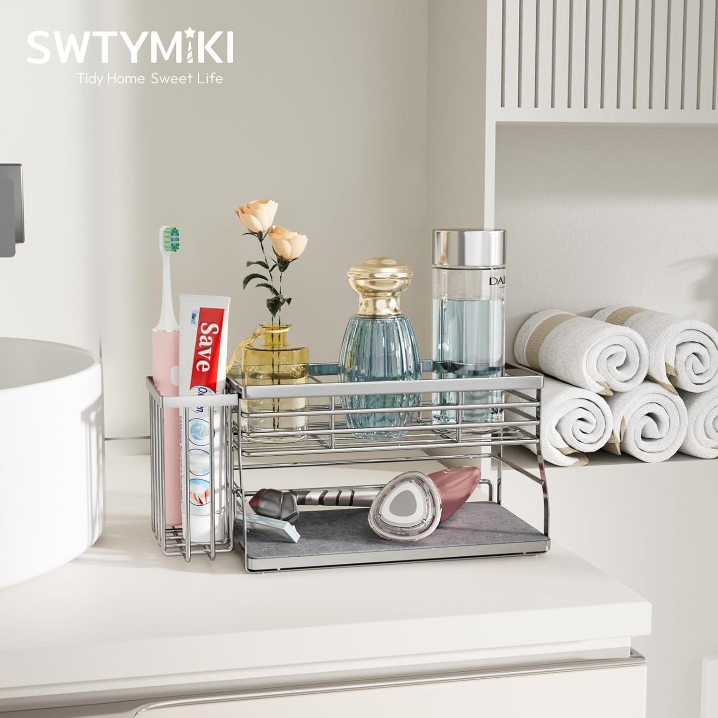 SWTYMIKI Sponge Holder for Kitchen Sink - Sink Caddy with Brush Holder and Stainless Steel Self Drain Tray, Sponge Caddy Organizer with Divider Kitchen Accessories Storage for Countertop, Black