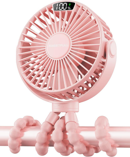SWEETFULL [2026 Upgrade Portable Stroller Fan with LED Display, 4 Speed Rechargeable Mini Clip On Fan, 360° Rotate Flexible Tripod Better Cooling Small Baby Fan for Car Seat Crib Travel Treadmill