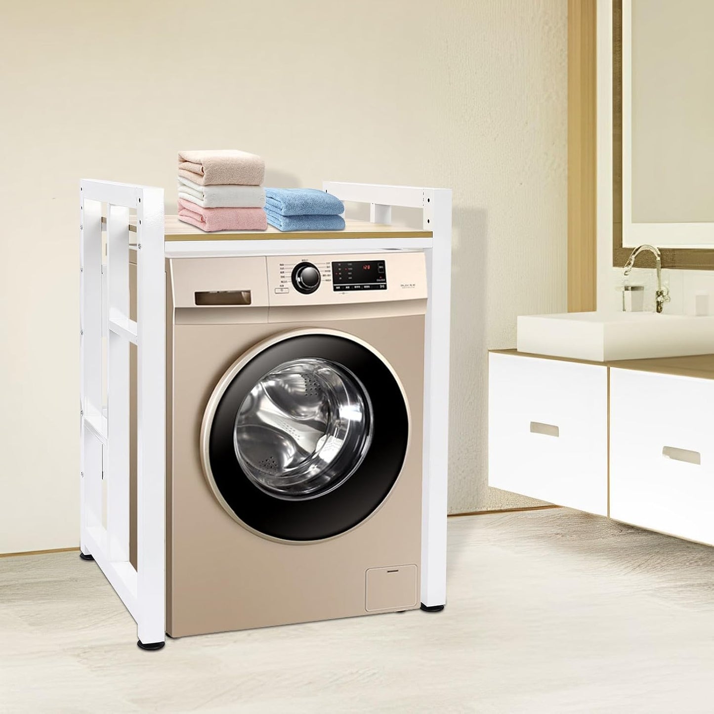 Gdrasuya10 Laundry Room Storage Organizer Shelf 41.3" Tall Washer and Dryer Storage Stacking Rack Stand Over Washing Machine Storage Unit with Adjustable Laminate Standing Shelf for Home, White