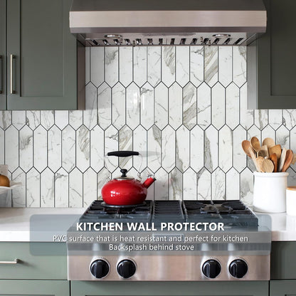 Vamos Tile Glossy Dolomite White Backsplash Tile Peel and Stick, 12.8 x 12.8 Inch 10 Sheets Long Hexagon PVC Self Adhesive Mosaic Wall Tiles Stick on Backsplash for Kitchen and Bathroom