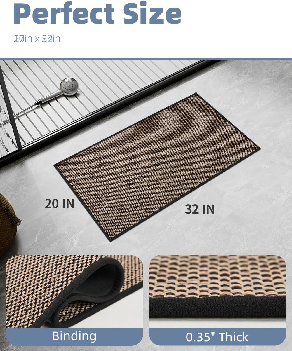 PADOOR Non-Slip Bath Mat With Rubber-Backing, Braided Absorbent Machine Washable Thin Rug for Bathroom Floor, Quick Dry, Fits Under Door, 17''x24'' Beige