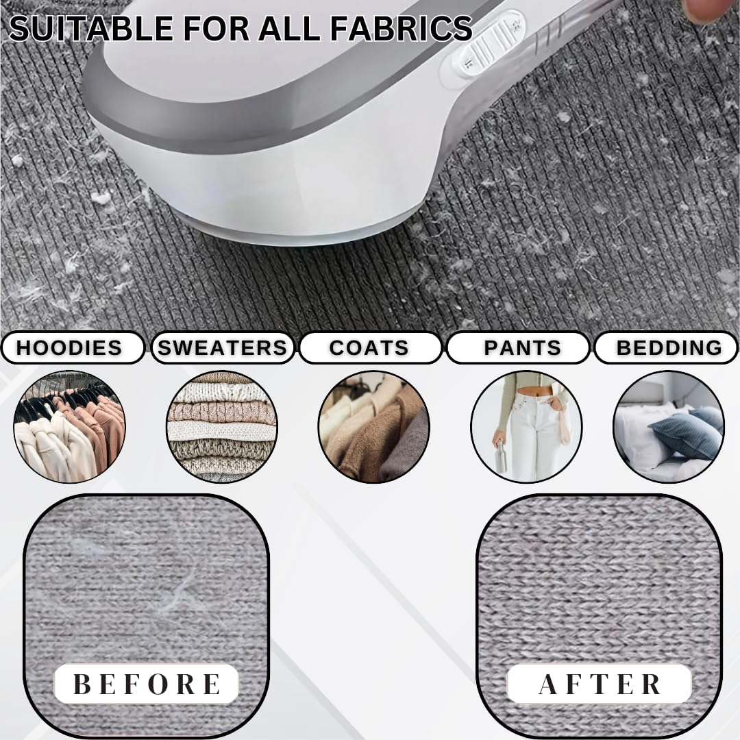 Fabric Shaver, Lint Remover, Rechargeable Lint Shaver with Durable Sharp Blades for Clothes & Upholstery - USB Charging Cable Included - Travel-Friendly & Ergonomic Design - Wants & Needs White Color