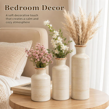 TBWIND Ceramic Vases Set of 3, Neutral Pottery Rustic Farmhouse Flower Vase | Small Decorative Flower Vases Modern Home Decor for Table Mantel Entryway Bookshelf Living Room Kitchen Bedroom