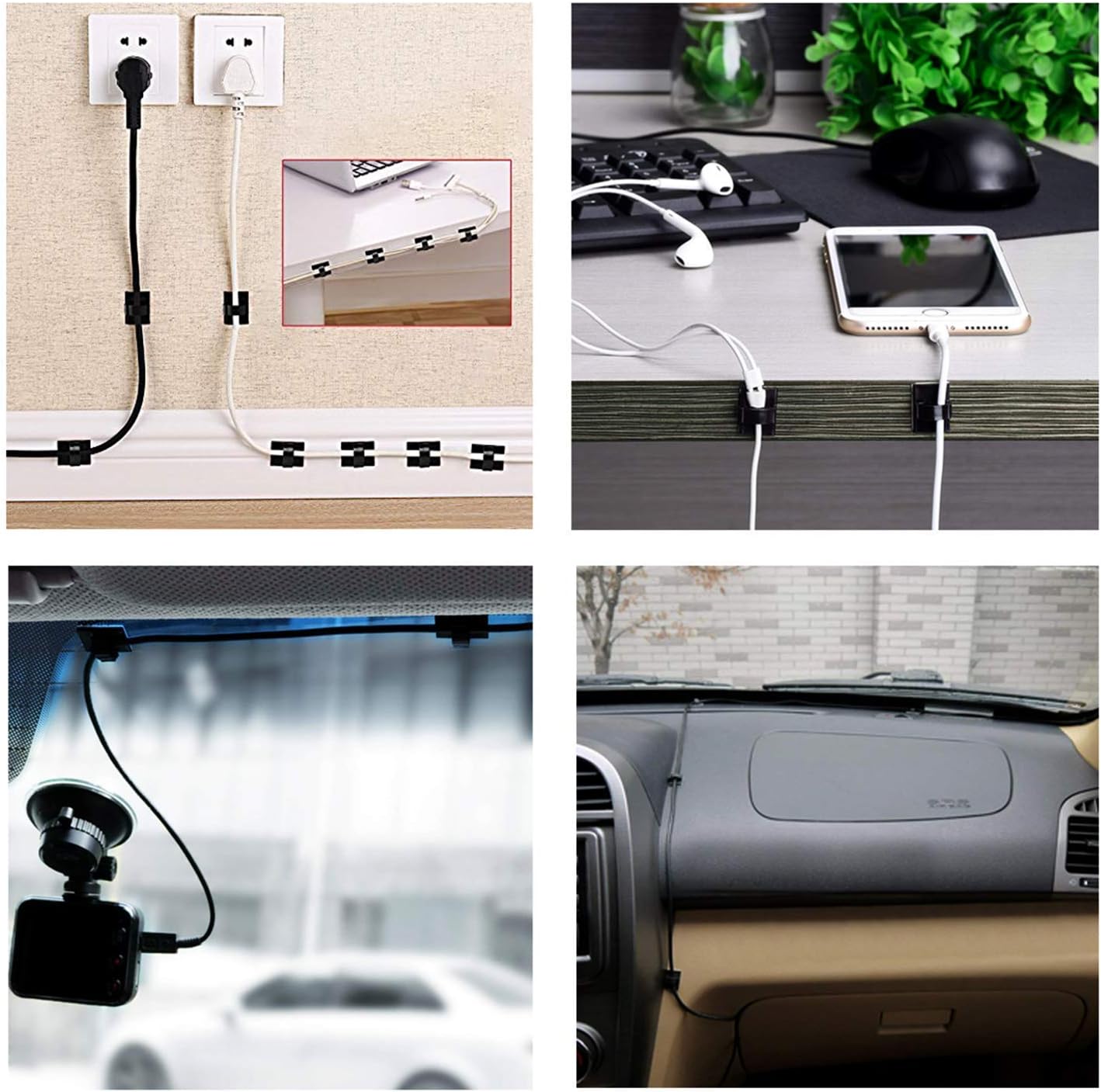 100pcs Self with 3M Adhesive Cable Clips Wire Holders Cord Organizer Cable Clamp Management Sticky for Office Home Car Desk Tables PC Laptop TV Wall, Black