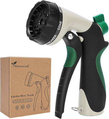 Garden Hose Nozzle, Heavy Duty Metal Water Nozzle with 8 Adjustable Spray Patterns, High Pressure Ergonomic Flow Control for Watering Plants, Lawns, Washing Cars, Pets, Black with Green