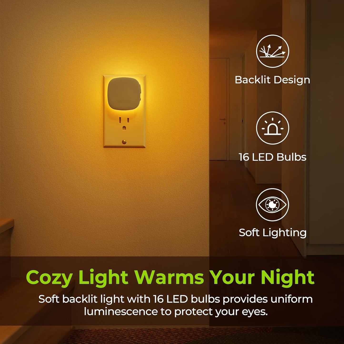 AUVON Plug-in LED Backlit Night Light with Motion Sensor & Dusk to Dawn Sensor, Dimmable Warm White Nightlight with 1-50 lm Adjustable Brightness for Bathroom, Bedroom, Hallway, Stairs (2 Pack)