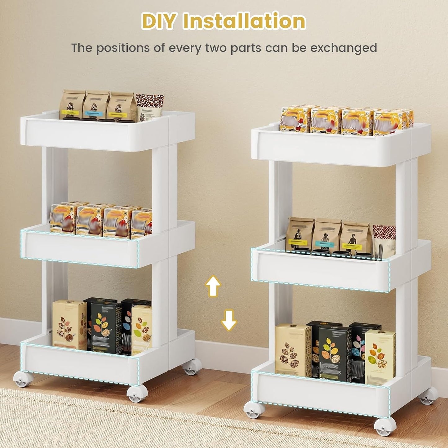 GOFLAME 4-Tier Rolling Utility Cart, Multifunctional Slim Storage Trolley with Detachable Trays and Wheels, Mobile Shelving Unit Organizer for Kitchen, Living Room and Bathroom (20” × 5” × 40”)