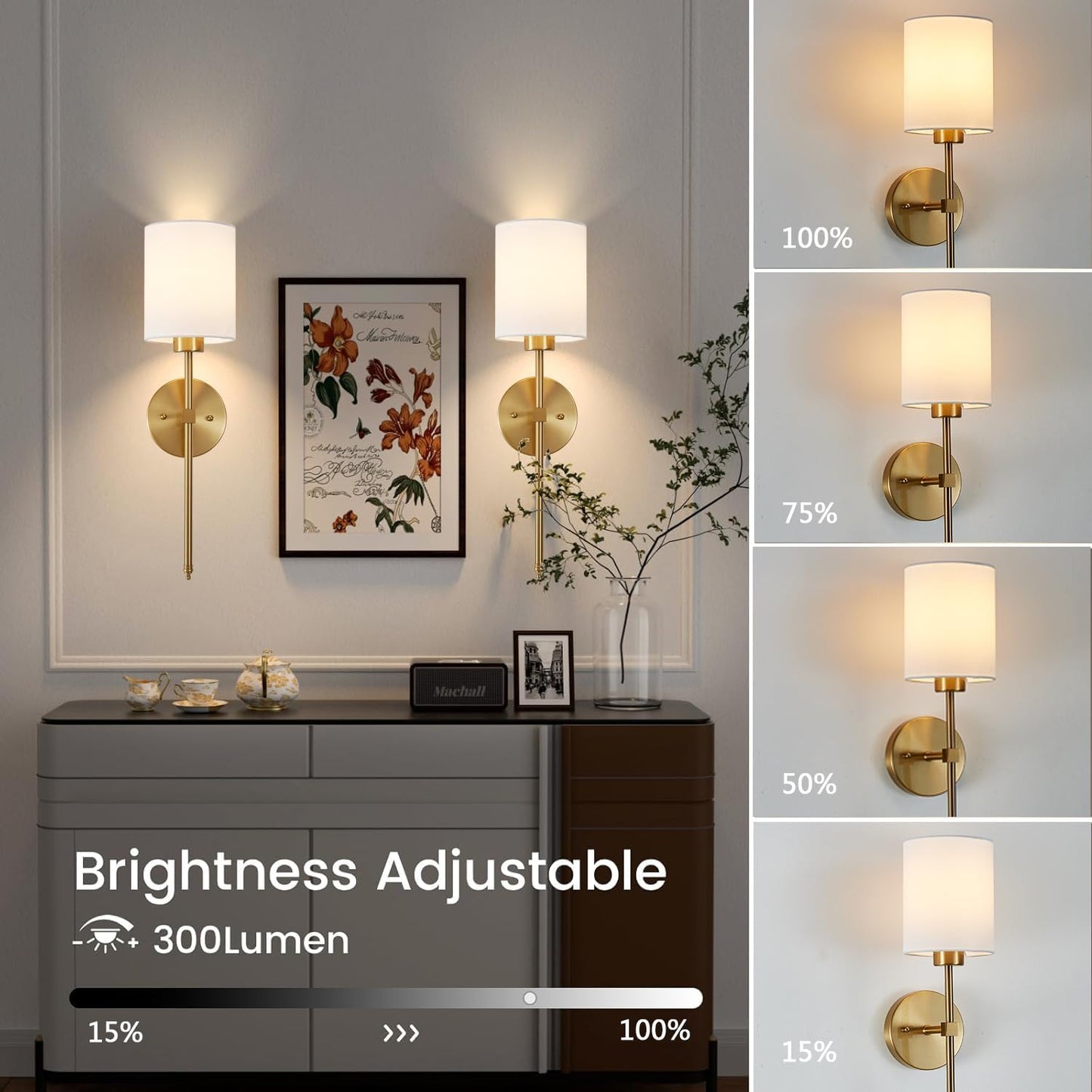 Battery Operated Wall Sconce Set of 2, Brushed Gold Rechargeable Wall Lights with Remote Control and Dimmable LED Bulbs, 13 Light Colors Wireless Wall Lamps for Bedroom Living Room Hallway (Gold)