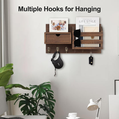 Lwenki Wall Mount Key Holder with Mail Organizer, 100% Paulownia Wood, 7 Metal Hooks, Storage Drawer, Entryway Home Decor (Brown)